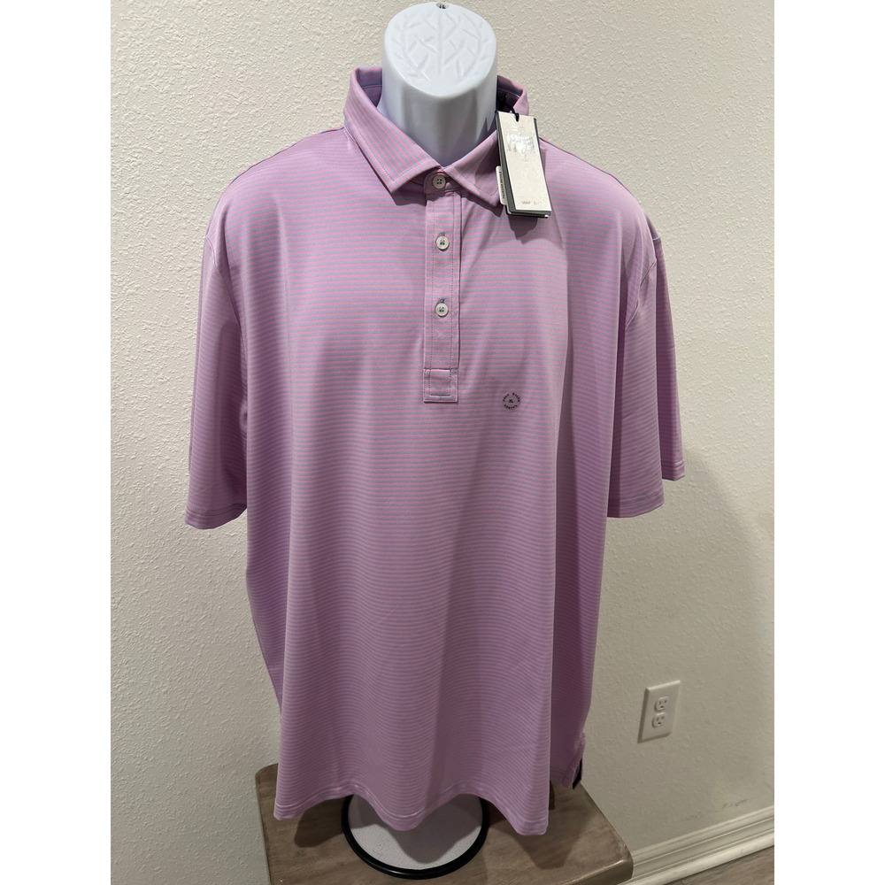 RLX Ralph Lauren Mens Golf Polo Shirt XL Pink Blue Striped Wicking Performance